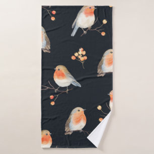 Robin birds and berries rowan on dry branches, sea bath towel
