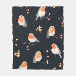 Robin birds and berries rowan on dry branches, sea fleece blanket