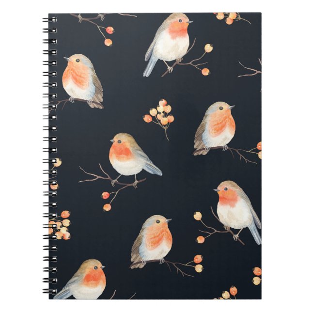Robin birds and berries rowan on dry branches, sea notebook (Front)
