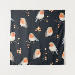 Robin birds and berries rowan on dry branches, sea tapestry