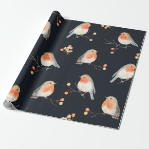 Robin birds and berries rowan on dry branches, sea wrapping paper