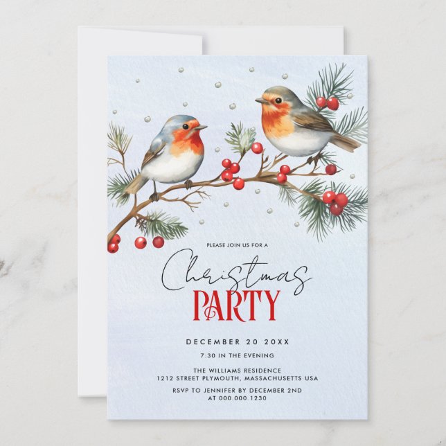 Robin birds, branch and berries Christmas holiday Invitation (Front)