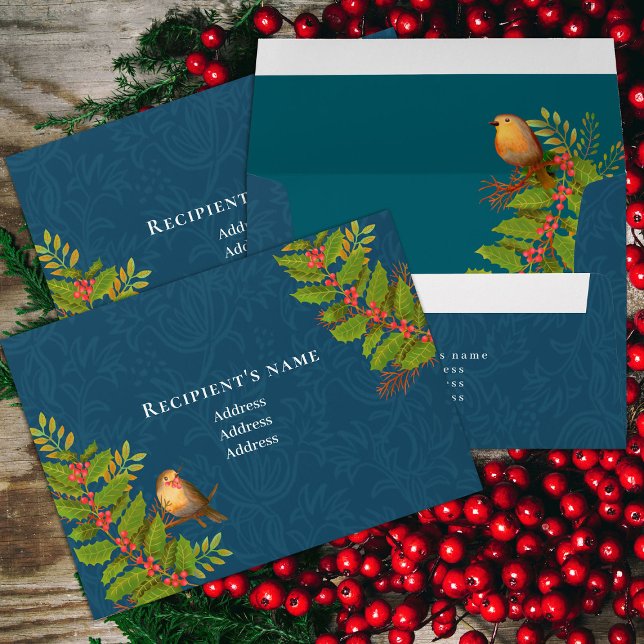 Robin Birds Holly Berry Dark Teal Envelope (Robin Birds Holly Berry Design.)