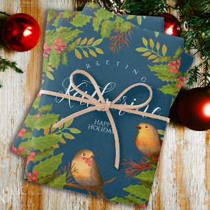 Robin Birds Holly Berry Dark Teal Wrapping Paper Sheet