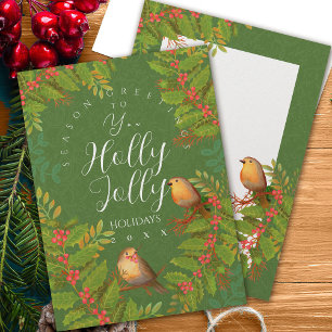 Robin Birds Holly Berry Green Holiday Card