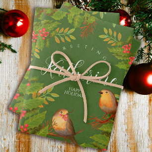 Robin Birds Holly Berry Green Wrapping Paper Sheet