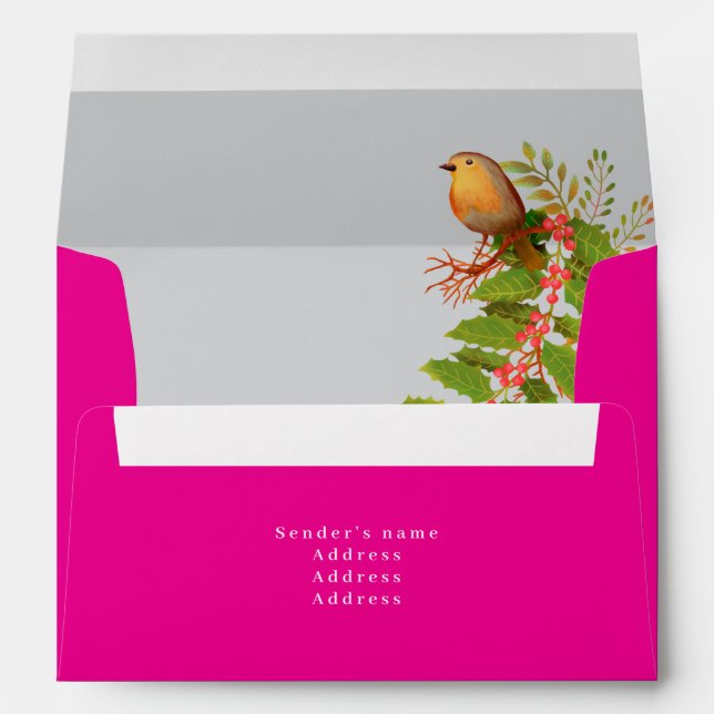 Robin Birds Holly Berry Hot Pink Envelope (Back (Bottom))