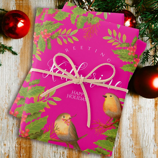 Robin Birds Holly Berry Hot Pink Wrapping Paper Sheet (Robin Birds Holly Berry Design.)