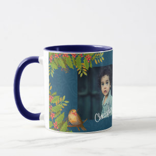 Robin Birds Holly Berry Photo Dark Teal Mug