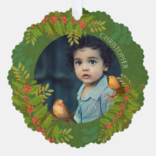 Robin Birds Holly Berry Photo Green Tree Decoration Card