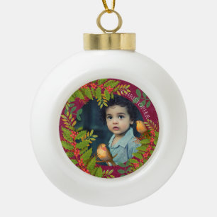 Robin Birds Holly Berry Photo Wine Ceramic Ball Christmas Ornament