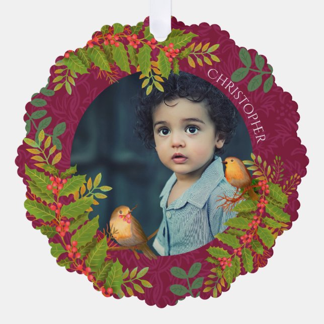 Robin Birds Holly Berry Photo Wine Tree Decoration Card (Front)