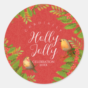 Robin Birds Holly Berry Red Classic Round Sticker