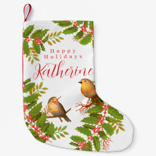 Robin Birds Holly Berry White Small Christmas Stocking