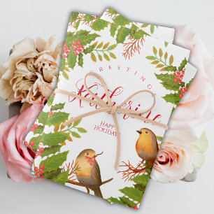 Robin Birds Holly Berry White Wrapping Paper Sheet