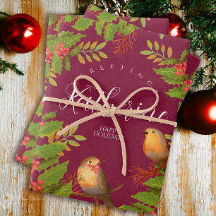 Robin Birds Holly Berry Wine Wrapping Paper Sheet