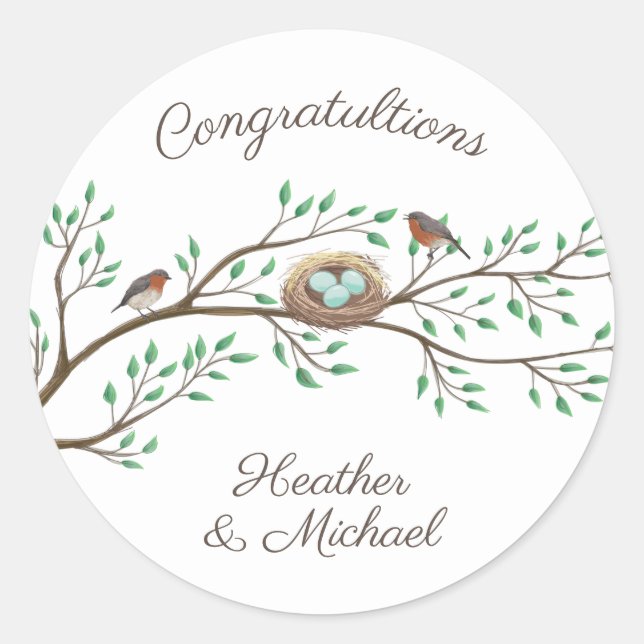 Robin Birds Nest Eggs Spring Baby Shower Classic Round Sticker (Front)
