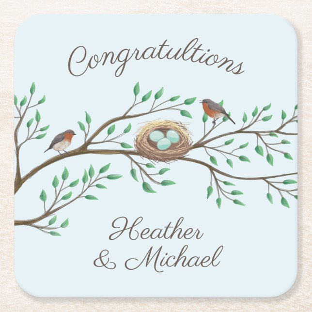 Robin Birds Nest Eggs Spring Baby Shower Square Paper Coaster (Front)
