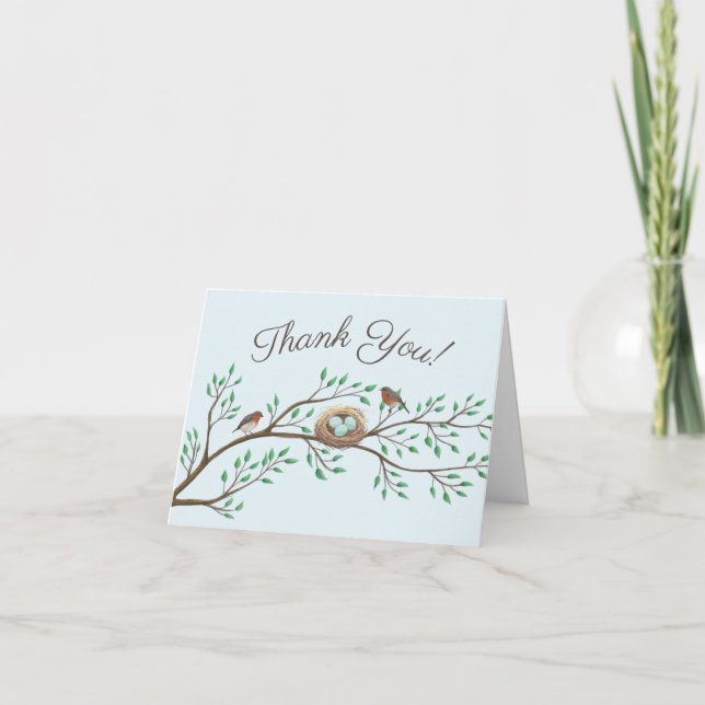 Robin Birds Nest Eggs Spring Baby Shower Thank You Card (Front)
