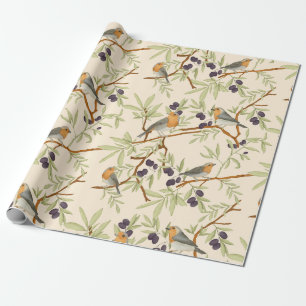 Robin birds on olive branches wrapping paper
