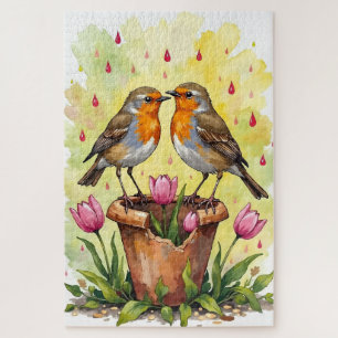 Robin Birds Spring Love Watercolor Art Jigsaw Puzzle