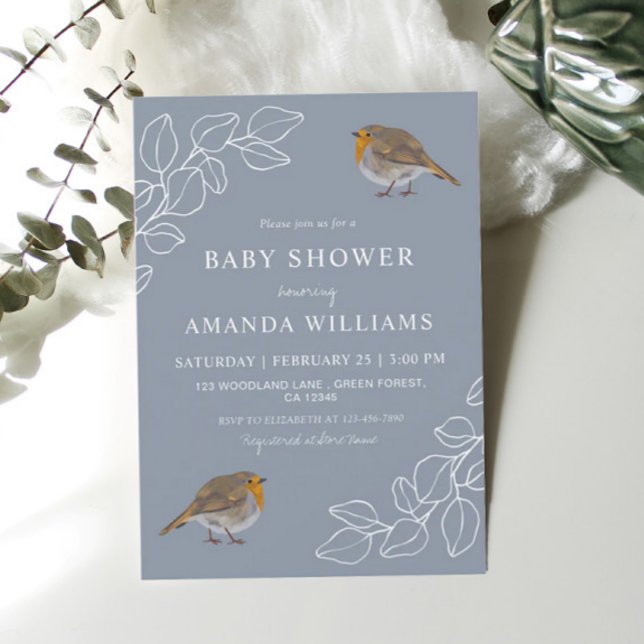 Robin Botanical Dusty Blue Baby Shower  Invitation (Creator Uploaded)
