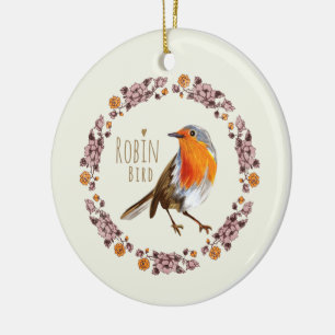 Robin Botanical vintage Flowers for bird lover Ceramic Tree Decoration