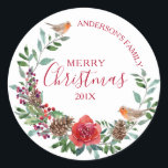 Robin & Christmas flowers & holly wreath Classic Round Sticker<br><div class="desc">Modern watercolors illustration Christmas wreath with holly red berries and 2 robin birds. Customisable text.</div>