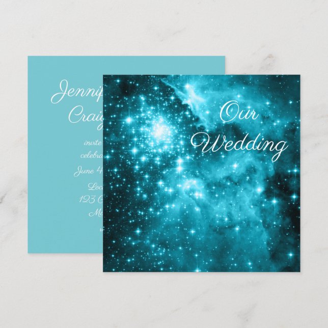 Robin Egg Blue and Aqua Stars Celestial Wedding Invitation (Front/Back)