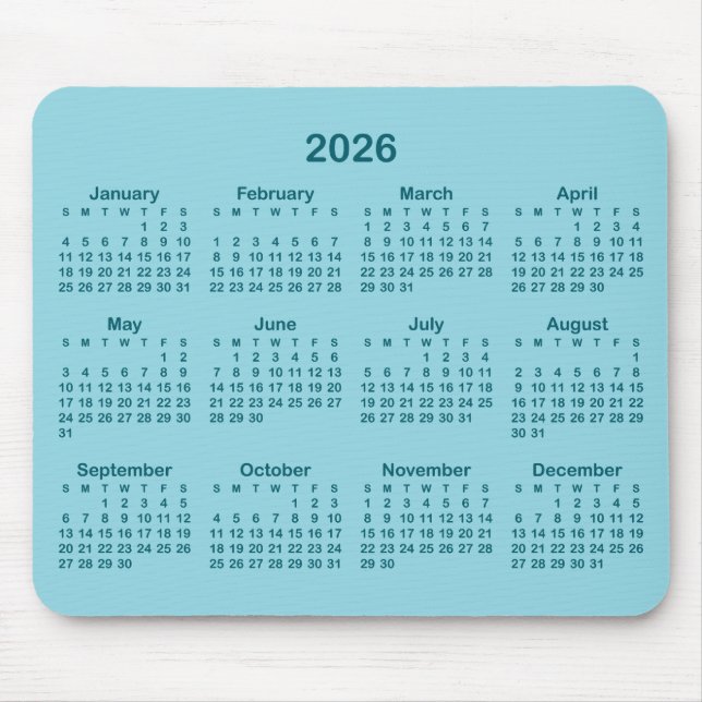 Robin Egg Blue and Dark Teal 2026 Calendar Mouse Mat (Front)