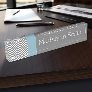 Robin Egg Blue and Grey Chevrons Custom Name Nameplate