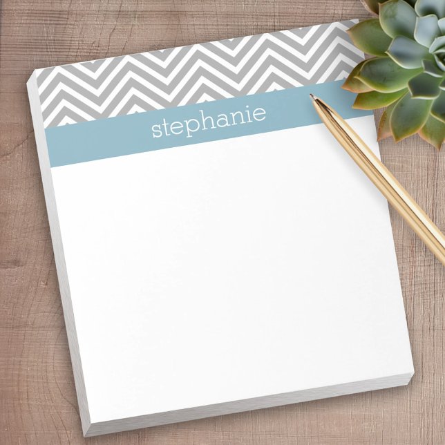 Robin Egg Blue and Grey Chevrons Custom Name Notepad (Personalized notepad - great for a gift or your home office)