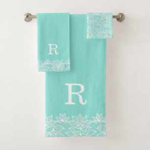 Robin Egg Blue and Lace Monogrammed Bath Towel Set