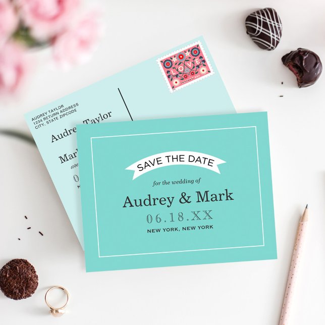 Robin Egg Blue Banner Save the Date Announcement Postcard (Creator Uploaded)