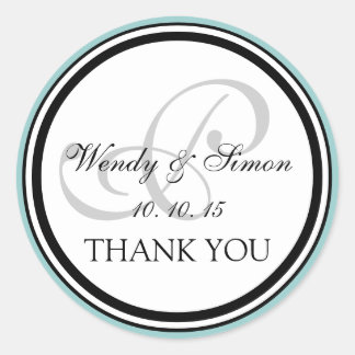 Robin Egg Blue Black Monogram P Wedding Thank You Classic Round Sticker