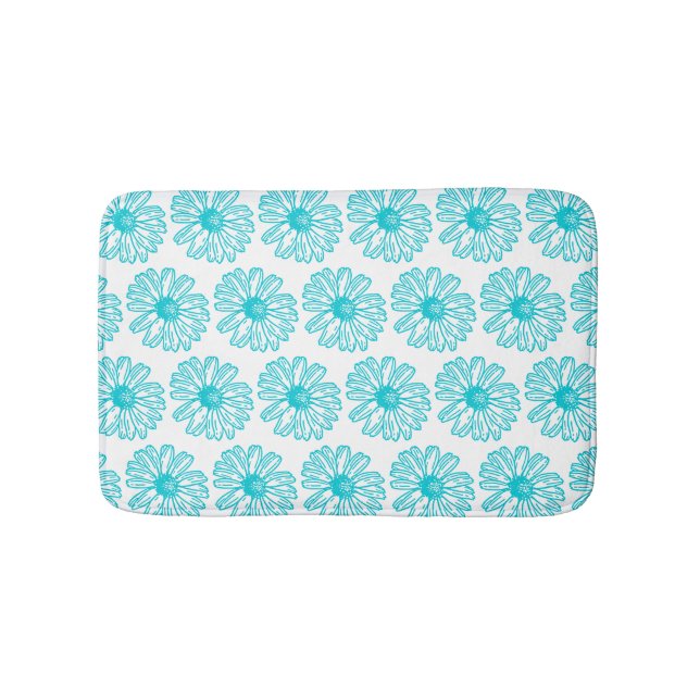 Robin Egg Blue Daisy Print, Hippie Flowers Pattern Bath Mat (Front)