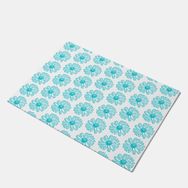 Robin Egg Blue Daisy Print, Hippie Flowers Pattern Doormat (Angled)