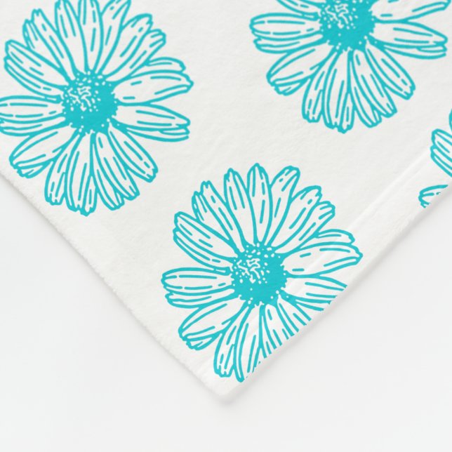 Robin Egg Blue Daisy Print, Hippie Flowers Pattern Fleece Blanket (Corner)
