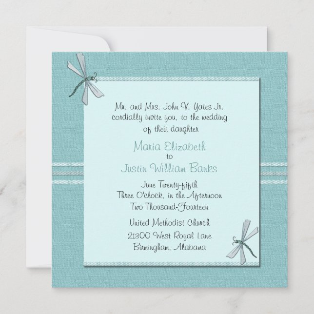 Robin Egg Blue Dragon Fly Wedding Invitation (Front)