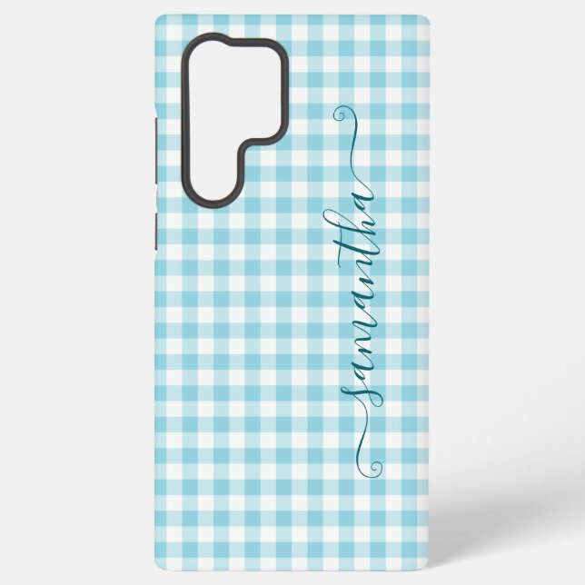 Robin Egg Blue Gingham Girly Signature Samsung Galaxy S22 Ultra Case (Back)