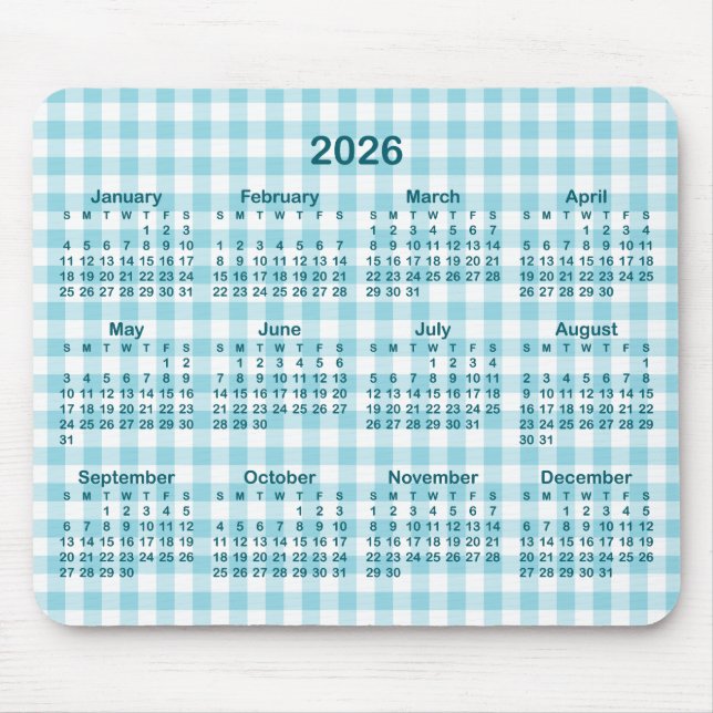 Robin Egg Blue Gingham Plaid 2026 Calendar Mouse Mat (Front)