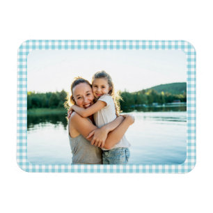 Robin Egg Blue Gingham Plaid Family Photo Magnet