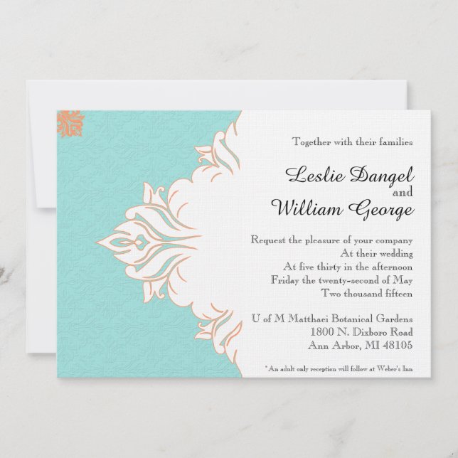 Robin Egg Blue Orange Damask Wedding Invitation (Front)