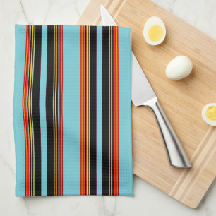 Robin Egg Blue Red Yellow Black Stripes  Tea Towel