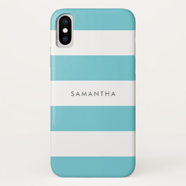 Robin Egg Blue Rugby Stripes with Name Case-Mate iPhone Case (Back)