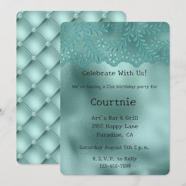Robin Egg Green Lace and Diamonds Birthday Invitation (Front/Back)