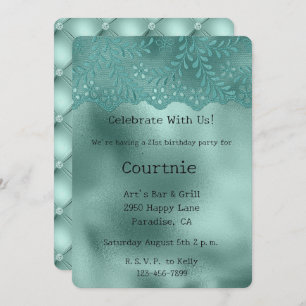 Robin Egg Green Lace and Diamonds Birthday Invitation