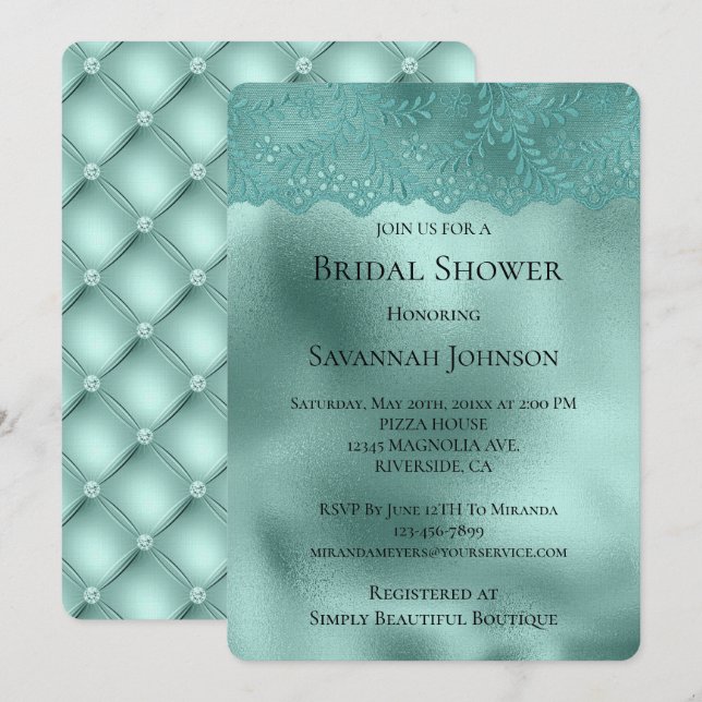 Robin Egg Green Lace and Diamonds Bridal Shower Invitation (Front/Back)