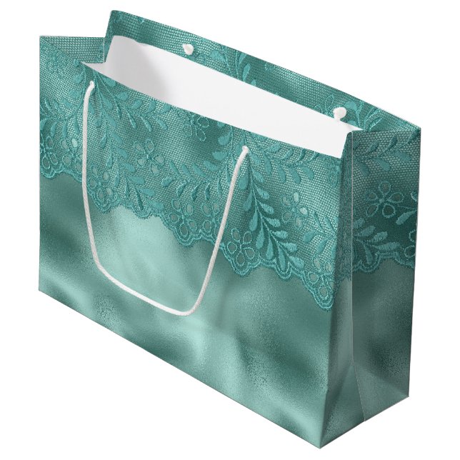Robin Egg Green Lace Bridal Shower Large Gift Bag (Front Angled)