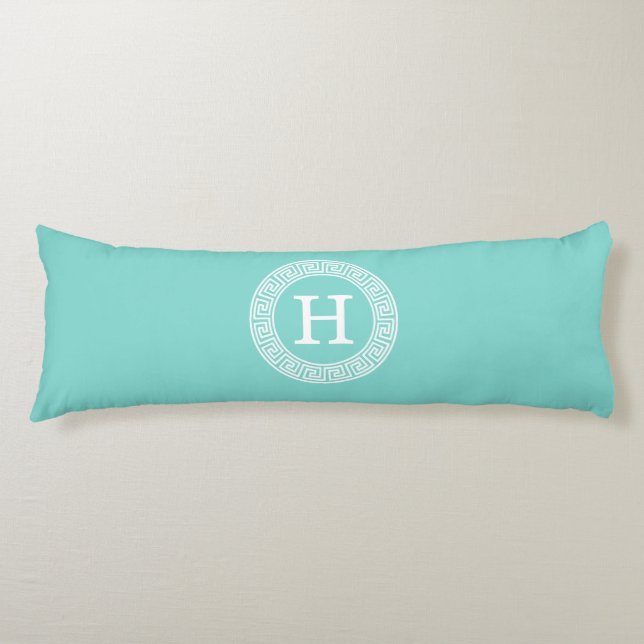 Robin Egg Wht Greek Key Rnd Frame Initial Monogram Body Cushion (Front)